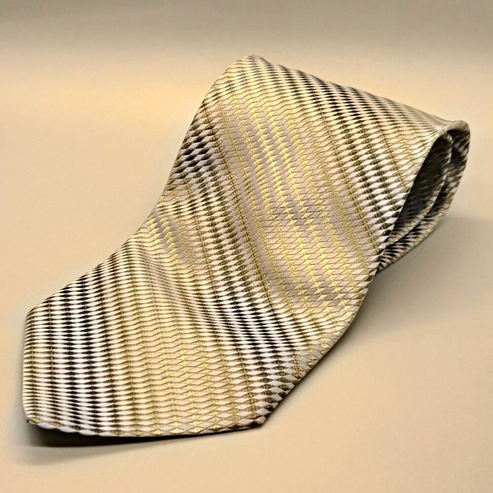 Pavone Silk Tie Made in Italy Woven Silver Gold Geometric Pattern Men
